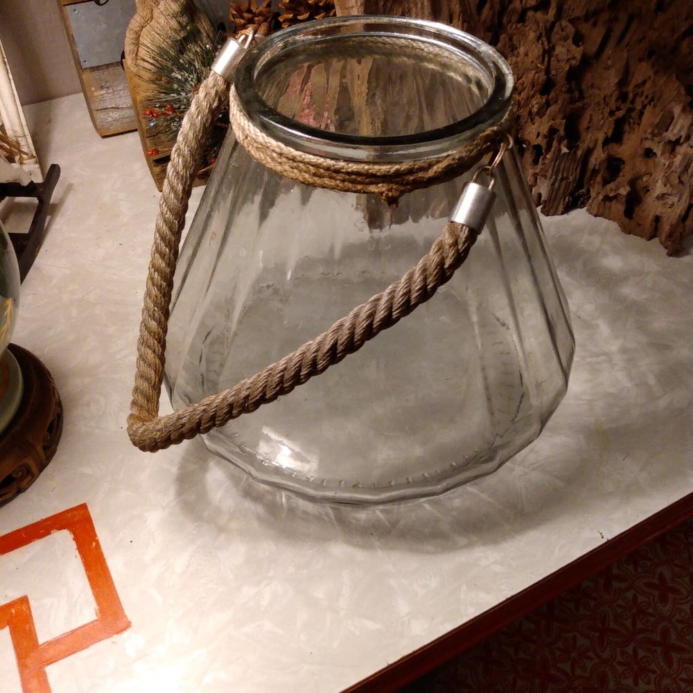 Large Glass Lantern Jar Jug with Nautical Rope Handle
